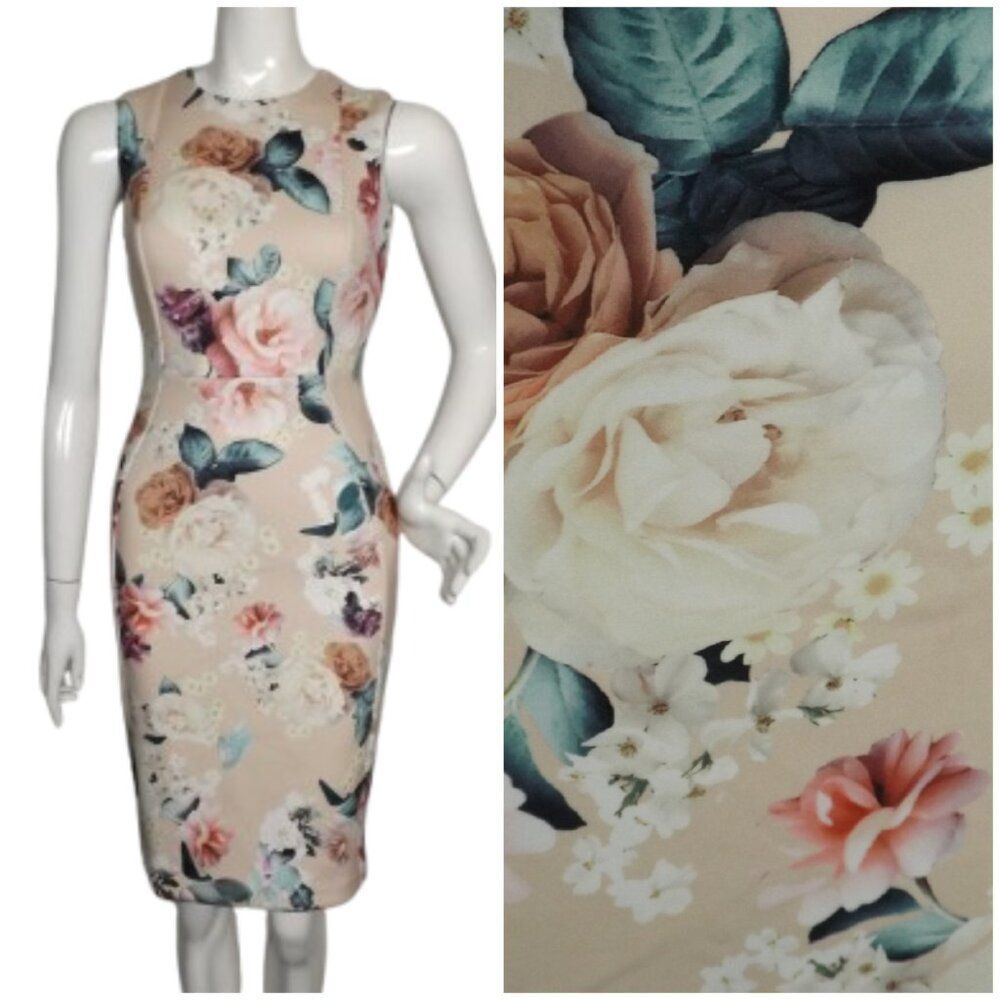 CALVIN KLEIN Dress, 2, Scuba Sheath, Blush Rose Floral, Sleeveless, Back Zipper